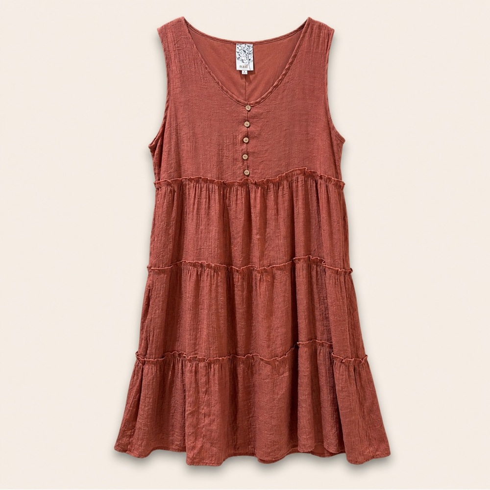 Anthropologie naif Rust Tiered Babydoll Dress Gauzy Button Front Boho Size L